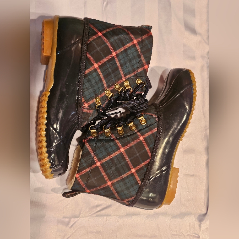 Talbots Plaid Duck Boots with Black and Tan Accents